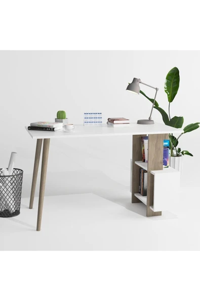 Lagomood Side Çalışma Masası Beyaz  Ceviz - Resim 2