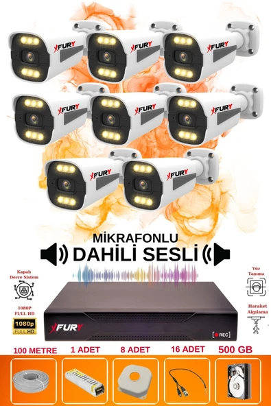 FURY 8 li Sesli 6 Warm Led Gece Renkli Görüş Su Geçirmez Güvenlik Kamerası Seti 500GB ürün görseli 1