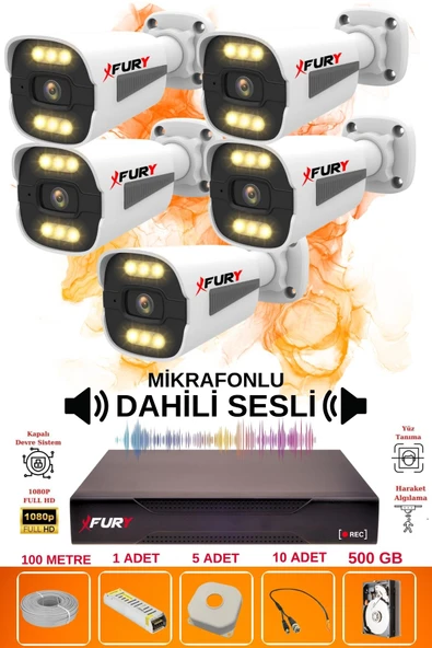 FURY 5 li Sesli 6 Warm Led Gece Renkli Görüş Su Geçirmez Güvenlik Kamerası Seti 500GB ürün görseli 1