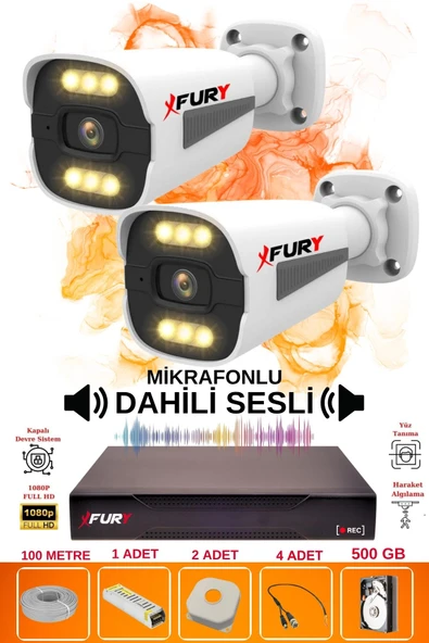 FURY 2 li Sesli 6 Warm Led Gece Renkli Görüş Su Geçirmez Güvenlik Kamerası Seti 500GB ürün görseli 1