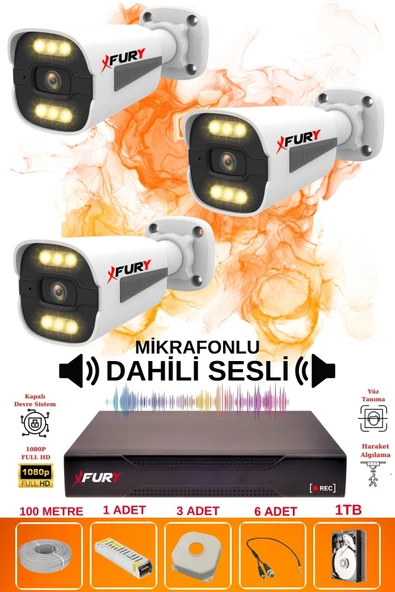 FURY 3 LÜ Sesli 6 Warm Led Gece Renkli Görüş Su Geçirmez Güvenlik Kamerası Seti 1TB ürün görseli 1