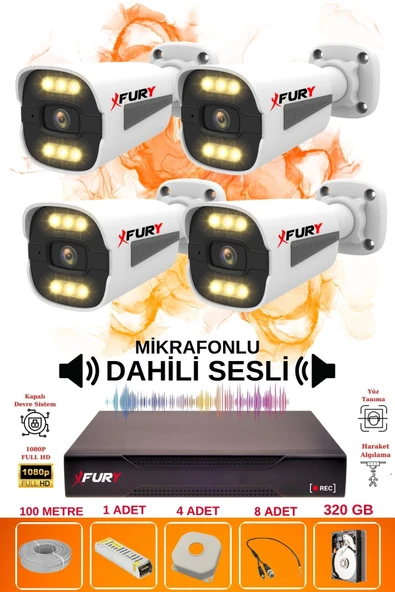 FURY 4 LÜ Sesli 6 Warm Led Gece Renkli Görüş Su Geçirmez Güvenlik Kamerası Seti 320GB ürün görseli 1