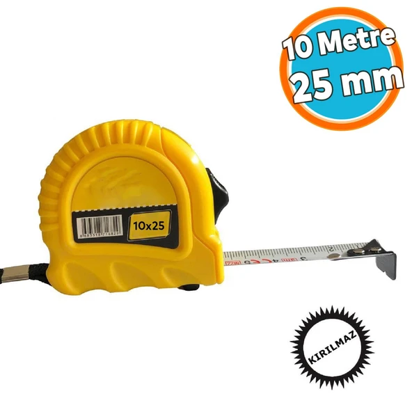 Şerit Metre Metal Bükülebilir 10 metre En 25 mm Düğmeli Ölçüm Ölçme Plastik Kasalı Yüksek Kalite ürün görseli 1