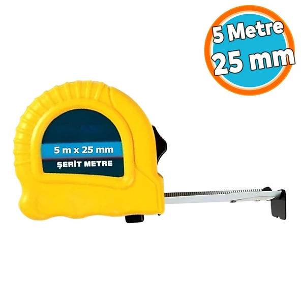 Şerit Metre Metal Bükülebilir 5 metre En 25 mm Düğmeli Ölçüm Ölçme Plastik Kasalı Yüksek Kalite ürün görseli 1