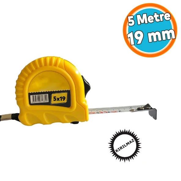 Şerit Metre Metal Bükülebilir 5 metre En 19 mm Düğmeli Ölçüm Ölçme Plastik Kasalı Yüksek Kalite ürün görseli 1