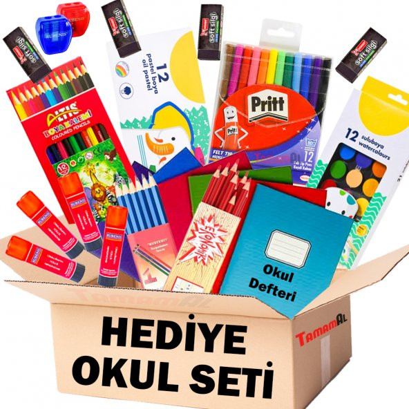 HEDİYELİK İLK OKUL SETİ KURU SULU PASTEL KEÇELİ BOYA KALEM SİLGİ+ ürün görseli 1