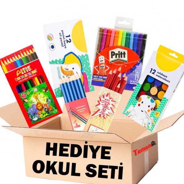 HEDİYELİK İLK OKUL SETİ KURU SULU PASTEL KEÇELİ BOYA KALEM KIRMIZ ürün görseli 1