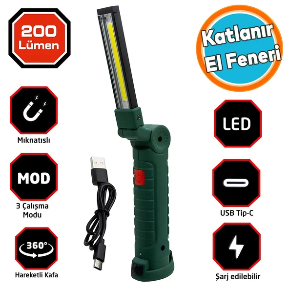 Katlanır El Feneri Led USB Şarjlı Taşınabilir Kamp Lambası Beyaz Işık Mıknatıslı 200 Lümen ürün görseli 1