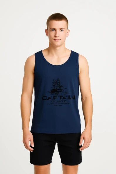 Erkek Kaptan Baskılı %100 Pamuk Kolsuz T-shirt ürün görseli 1