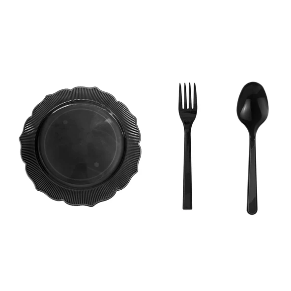 Omeyva 26 Cm. Siyah Sorfa Davet Seti - Sert Mika Plastik - 48 Kişilik Tabak Çatal Kaşık Takımı ürün görseli 1