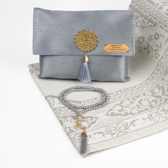 Seccade + Tesbih Hediye Seti (Şantuk Kese, Gri) ürün görseli 1