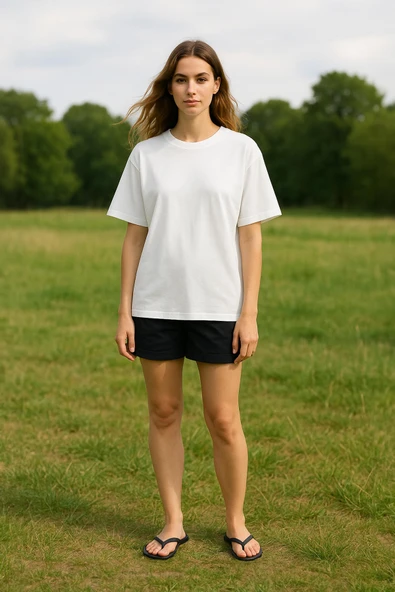 Kadın Bisiklet Yaka Oversize %100 Pamuk T-Shirt ürün görseli 1