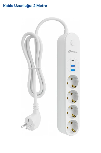 Techmaster 2 Usb+Type-C Akım Çocuk Korumalı 4lü Priz 2mt Beyaz - Resim 5