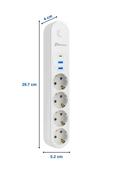 Techmaster 2 Usb+Type-C Akım Çocuk Korumalı 4lü Priz 2mt Beyaz - Resim 4