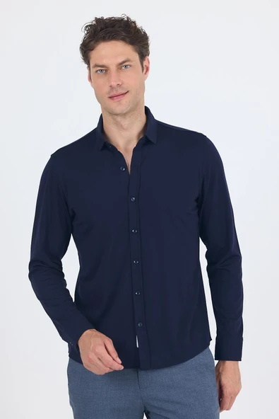 Lacivert Uzun Kol Düz Örme Polo Yaka Cepsiz Esnek Classic Slim Fit Gömlek 1004250153 ürün görseli 1