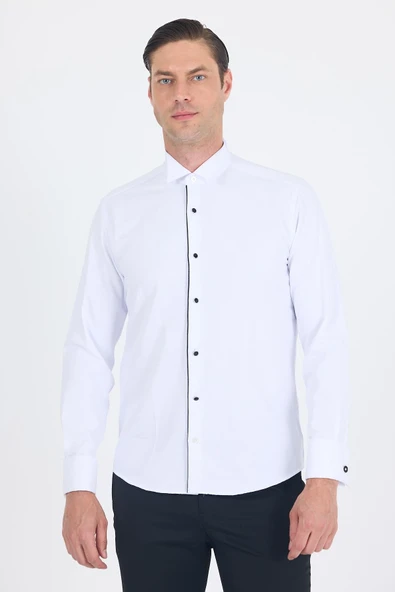 Beyaz Ata Yaka Kendinden Desenli Ceremony Pamuklu Slim Fit Gömlek 1004250215 ürün görseli 1