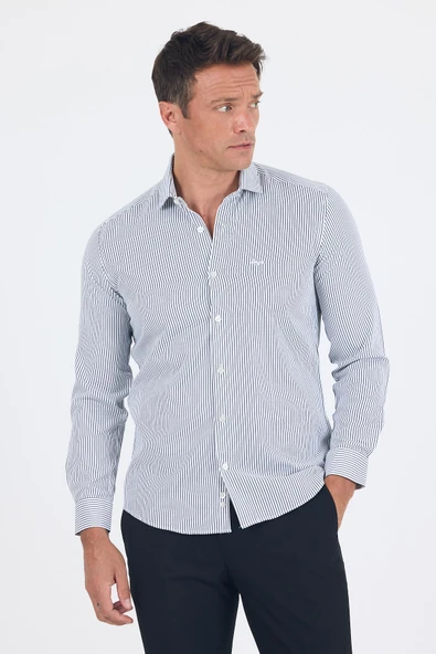 Beyaz Kol Çizgili Desen Bez Ayağı İtalyan Yaka Cepsiz Pamuklu Classic Slim Fit Gömlek 1004250180 ürün görseli 1