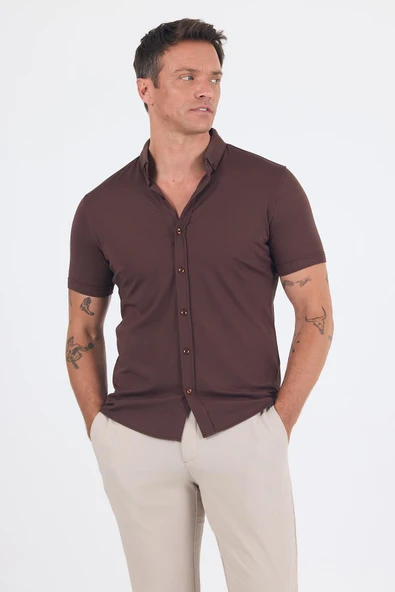 italyan Düğmeli Yaka Kısa Kol Cepsiz Slim Fit Gömlek 1004250255 ürün görseli 1
