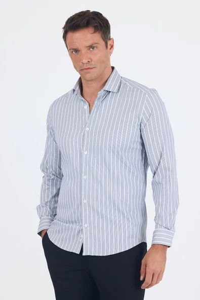 Lacivert Uzun Kol Yarım İtalyan Yaka Cepsiz Easy To Iron Slim Fit Esnek Gömlek 1004250227 ürün görseli 1