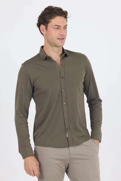 Haki Uzun Kol Düz Örme Polo Yaka Cepsiz Esnek Classic Slim Fit Gömlek 1004250153 ürün görseli 1
