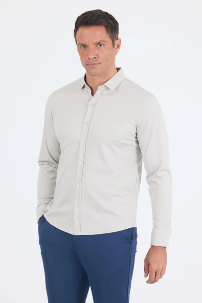Taş Rengi Uzun Kol Düz Örme Polo Yaka Cepsiz Esnek Classic Slim Fit Gömlek 1004250153 ürün görseli 1