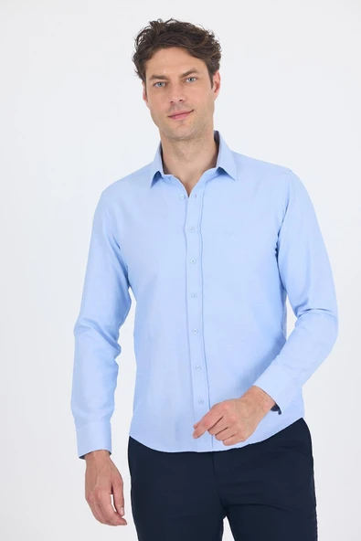 Mavi Sert Yaka Düz Classic Pamuklu Slim Fit Gömlek 1004250214 ürün görseli 1