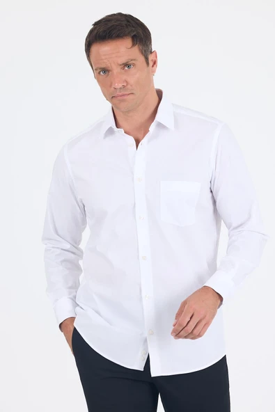 Beyaz Sert Yaka Uzun Kol Cepli Comfort Fit %100 Pamuk Gömlek 1004250222 ürün görseli 1