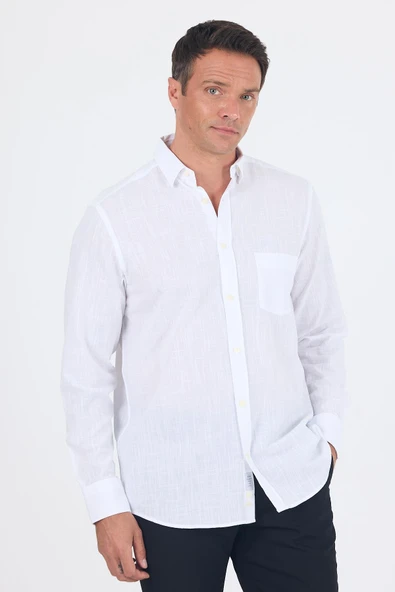 Beyaz Uzun Kol Düz Armür Oval Yaka Casual Comfort Fit Gömlek 1004250249 ürün görseli 1