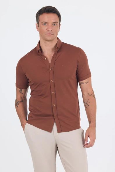 Kırmızı italyan Düğmeli Yaka Kısa Kol Cepsiz Slim Fit Gömlek 1004250255 ürün görseli 1