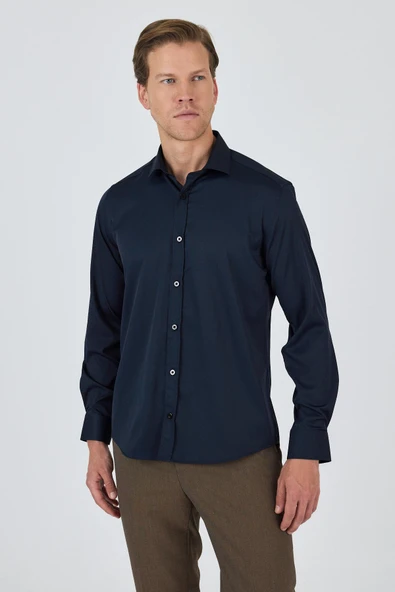 Siyah Yarım İtalyan Yaka Cepsiz Gabardin Uzun Kol Slim Fit Esnek Gömlek 1004250235 ürün görseli 1