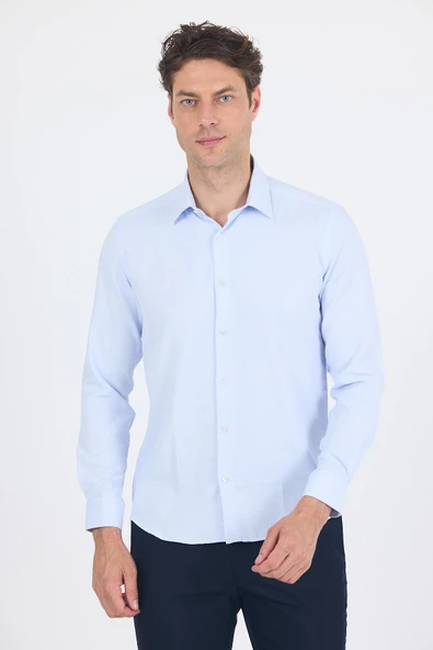 Mavi Uzun Kol Sert Yaka Cepsiz  Slim Fit Pamuklu Gömlek 1004250225 ürün görseli 1