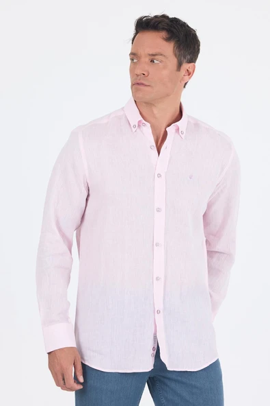 Pembe Kol Düz Keten Düğmeli Yaka Cepsiz Casual Comfort Fit Gömlek 1004250114 ürün görseli 1