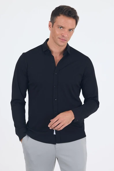 Siyah Uzun Kol Düz Örme Polo Yaka Cepsiz Esnek Classic Slim Fit Gömlek 1004250153 ürün görseli 1