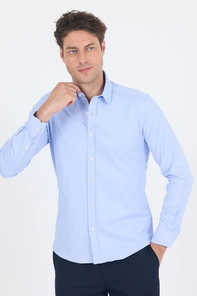 Mavi Kol Düz Bez Ayağı Sert Yaka Cepsiz Pamuklu Classic Slim Fit Gömlek 1004250211 ürün görseli 1