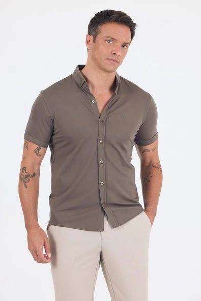 Haki italyan Düğmeli Yaka Kısa Kol Cepsiz Slim Fit Gömlek 1004250255 ürün görseli 1