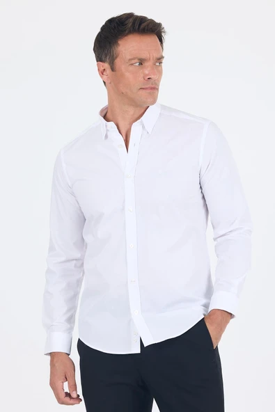 Beyaz Smart Biritli Yaka Cepsiz Bez Ayağı Uzun Kol Slim Fit %100 Pamuk Gömlek 1004250223 ürün görseli 1