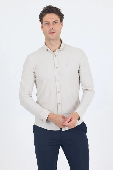 Taş Rengi Smart Düğmeli Yaka Uzun Kol Cepsiz Slim Fit Esnek Gömlek Gömlek 1004250252 ürün görseli 1