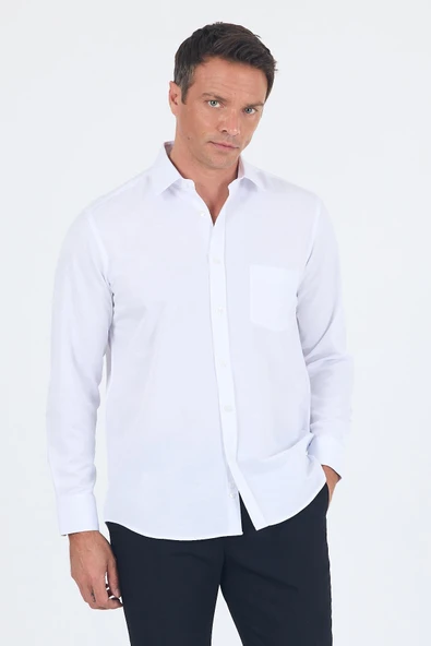Beyaz Uzun Kol Kareli Desen Armürlü Sert Yaka cepli Pamuklu Classic Comfort Fit Gömlek 1004250186 ürün görseli 1