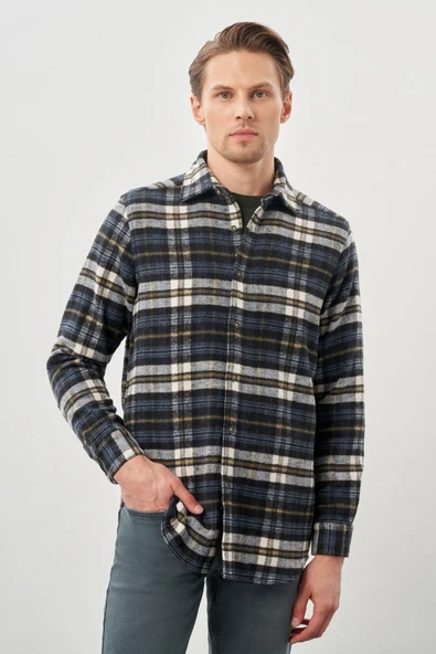 Siyah Yünlü Ekose Desen Yumuşak Yaka Cepsiz Uzun Kol Casual Comfort Fit Gömlek 1004245227 ürün görseli 1