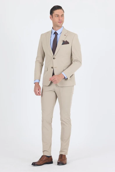 Bej Mono Yaka Örme Beli Lastikli 6 Drop Slim Fit Yarım Astar Esnek Takım Elbise 1001250121 ürün görseli 1