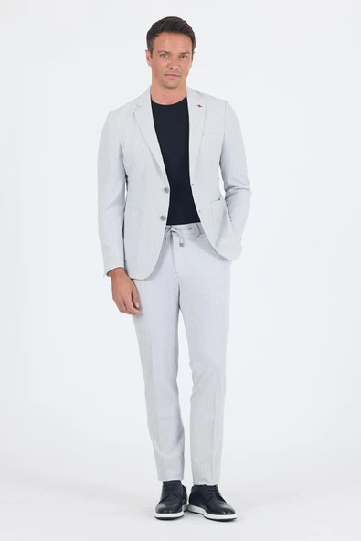 Gri Mono Yaka Çizgili 6 Drop Slim Fit Esnek Takım Elbise 1001250117 ürün görseli 1