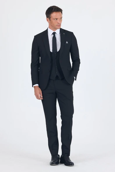 Siyah Düz Bez Ayağı Mono Yaka 2 Düğme 6 Drop Slim Fit Basic Takım Elbise 1001250186_001 ürün görseli 1