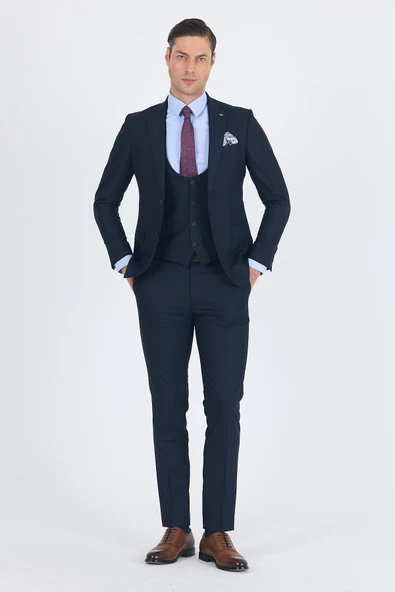 Lacivert Düz Bez Ayağı Mono Yaka 2 Düğme 6 Drop Slim Fit Basic Takım Elbise 1001250186_206 ürün görseli 1
