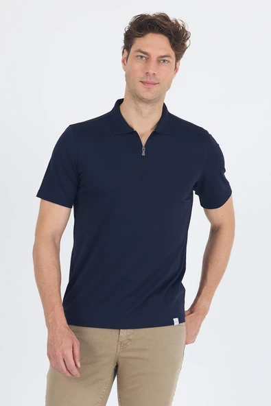 Lacivert Kısa Kol Düz Suprem Polo Yaka Cepsiz Esnek Casual Slim Fit Tişört 1011250161 ürün görseli 1