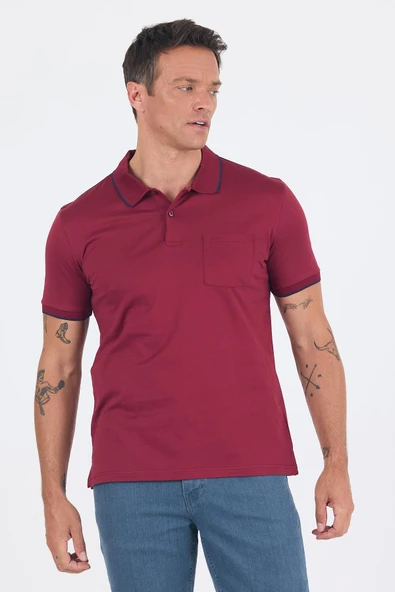 Bordo Kol Düz Suprem Polo Yaka Cepli %100 Pamuk Comfort Fit Tişört 1011250189 ürün görseli 1
