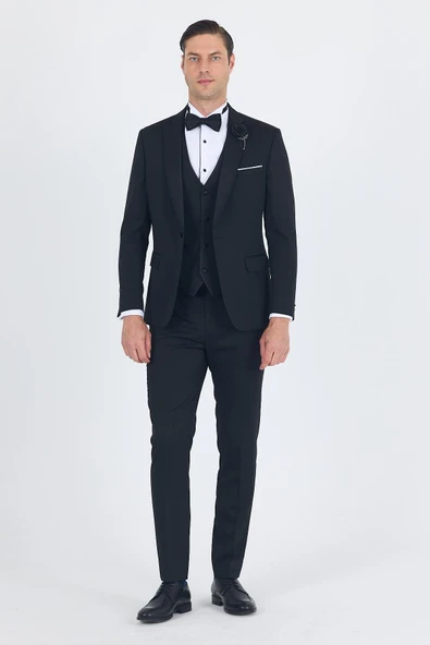 Siyah Mono Yaka Tek Düğme Slim Fit Yelekli Ceremony Takım Elbise 1001250201 ürün görseli 1