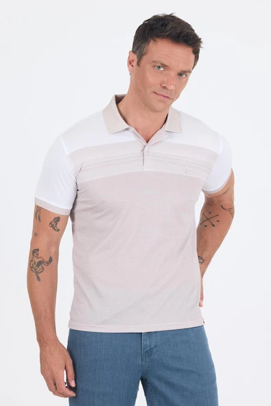 Bej Kısa Kol Baskılı Pike Polo Yaka Cepsiz Slim Fit Tişört 1011250166 ürün görseli 1