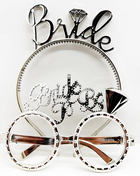 Bride Yazılı Taç ve Bride To Be Yazılı Gözlük Seti - Gümüş Renk ürün görseli 1