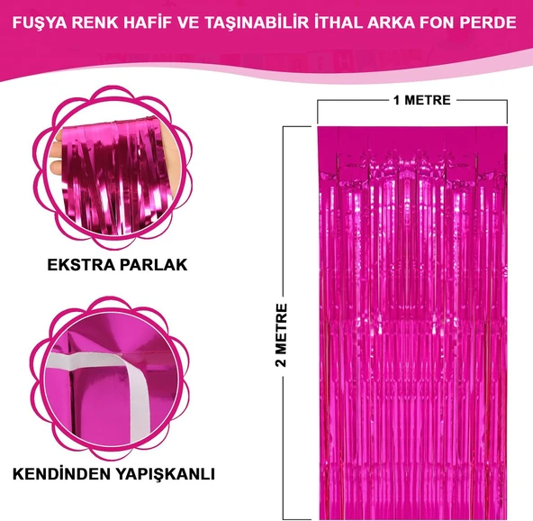 Ekstra Metalize Parlak Saçaklı Arka Fon Perde Fuşya ürün görseli 1
