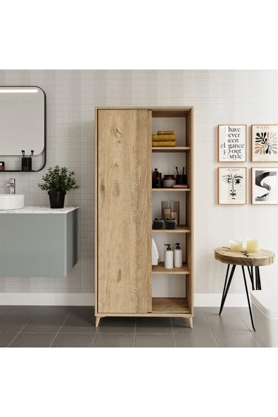 KZNMOB HOME Sürgülü Çok Amaçlı Banyo Dolabı Meşe - Tamamı 1. Kalite Mdf ürün görseli 1
